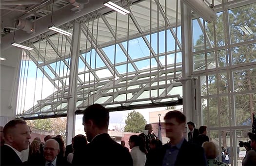 Interior view of Schweiss bifold door installed on Katz Family Pavilion viewed from left side