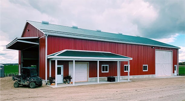 Side view of Schweiss bifold door fitted on machine shed at LeifsoLee Farms