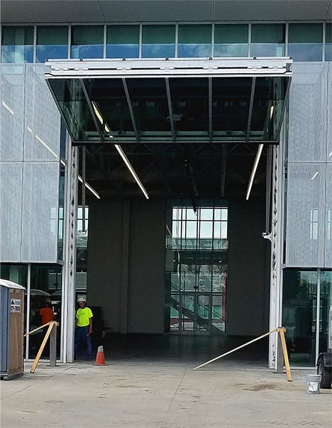 Frontal view of custom Schweiss glass bifold door installed on Metropolitan Community College in Nebraska