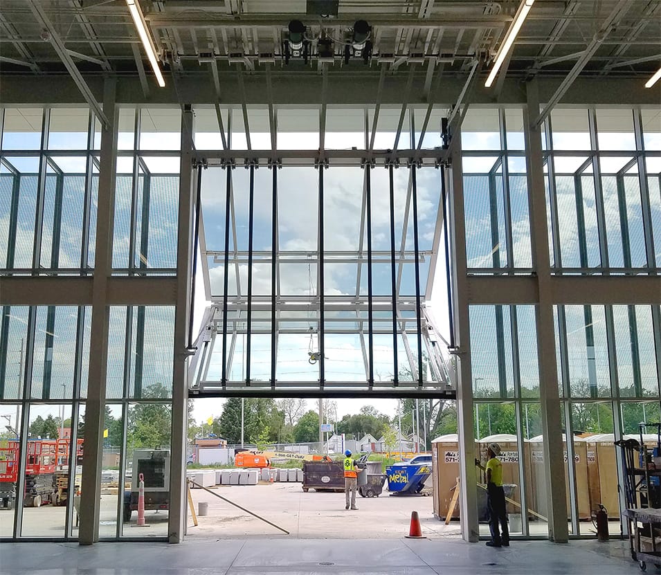 Interior view of custom Schweiss glass bifold door installed on Metropolitan Community College in Nebraska