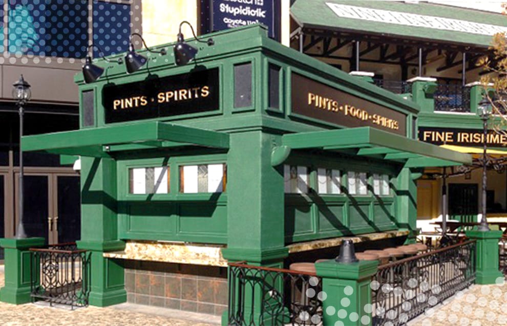 Multiple Schweiss hydraulic doors installed on Nine Fine Irishmen pub in the closed position