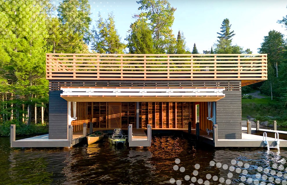Exterior view of Schweiss bifold door installed on boathouse in New York