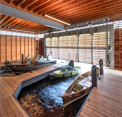 Interior view of Schweiss bifold door installed on boathouse in New York