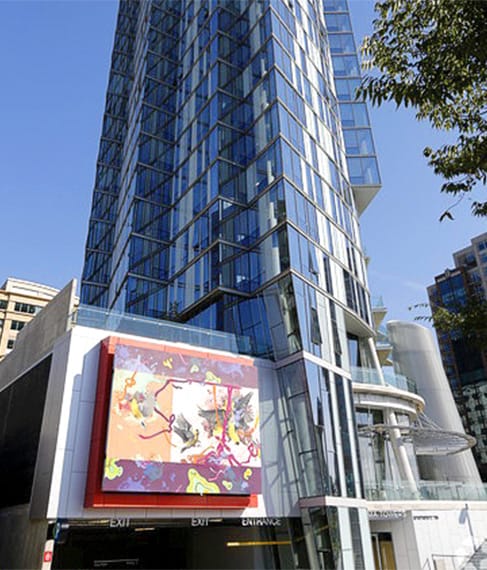 View from the ground looking up at Soma Towers in Bellevue, Washington