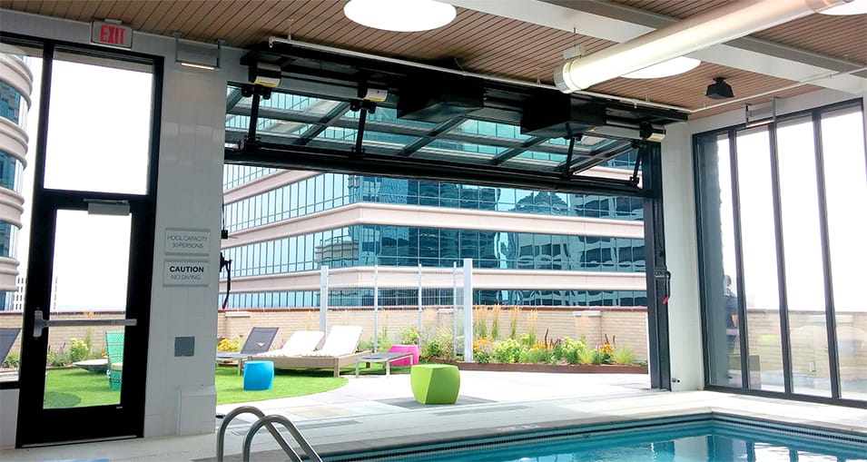 Interior view of Schweiss bifold door installed at Soo Line Apartments