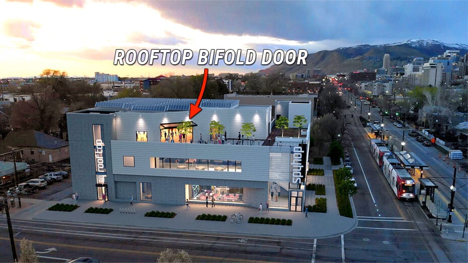 Overhead view of Spy Hop rooftop utilizing their Schweiss bifold door