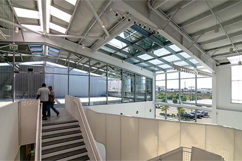 Interior view of the Schweiss bifold doors being used as skylights on the Tin Can Project