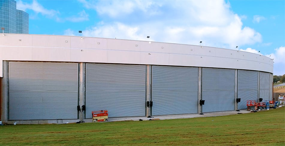 Multiple Schweiss bifold doors fitted on the Toyota Music Factory shown in the closed position