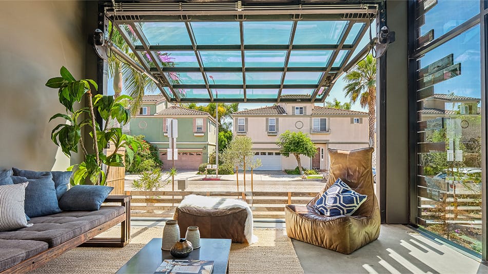 Interior view of Schweiss hydraulic door on Venice Beach Rental Home shown in the open position