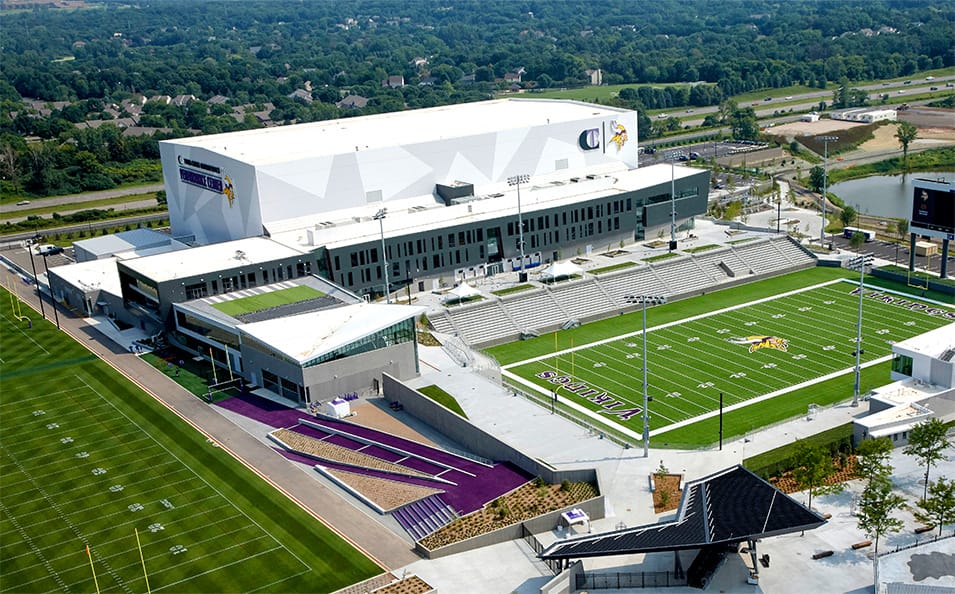 Overhead view of Vikings Training Center in Eagan, MN where two custom Schweiss glass bifold doors are installed