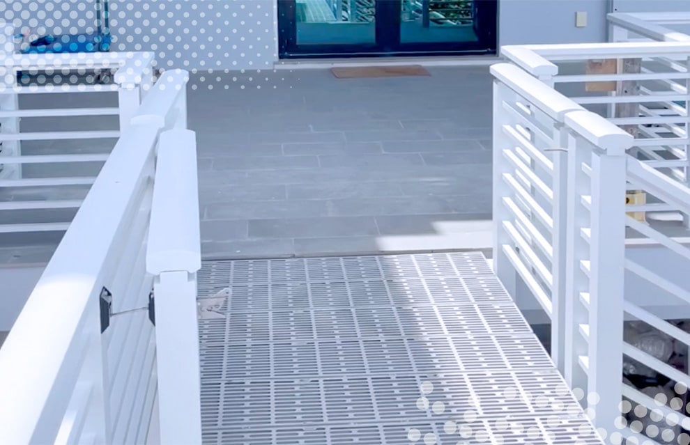 View from front of Schweiss hydraulic man-bridge that was custom built for a customer in Florida shown lowered