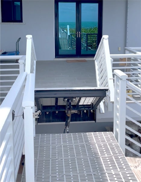 View from front of Schweiss hydraulic man-bridge that was custom built for a customer in Florida shown raising