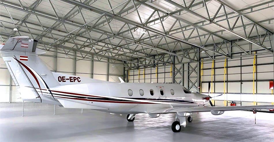 Interior view of Weiner Neustadt Aiport hangar fitted with Schweiss bifold door