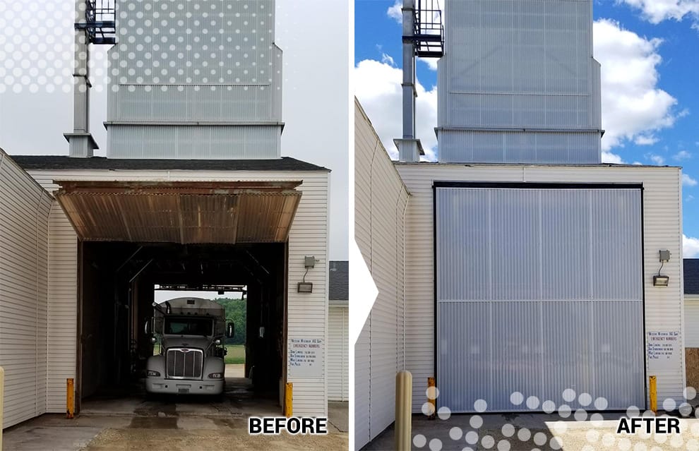 Pictures showing Western Wisconsin Ag Supply before and after they replaced their old Schweiss bifold cable door with a brand new Schweiss liftstrap bifold door