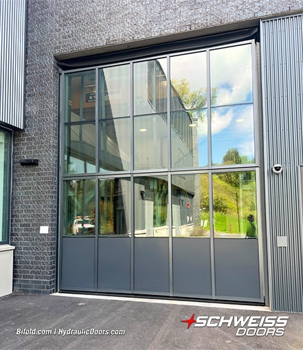View from the front of Schweiss glass bifold door fitted on Cornell University lab shown closed