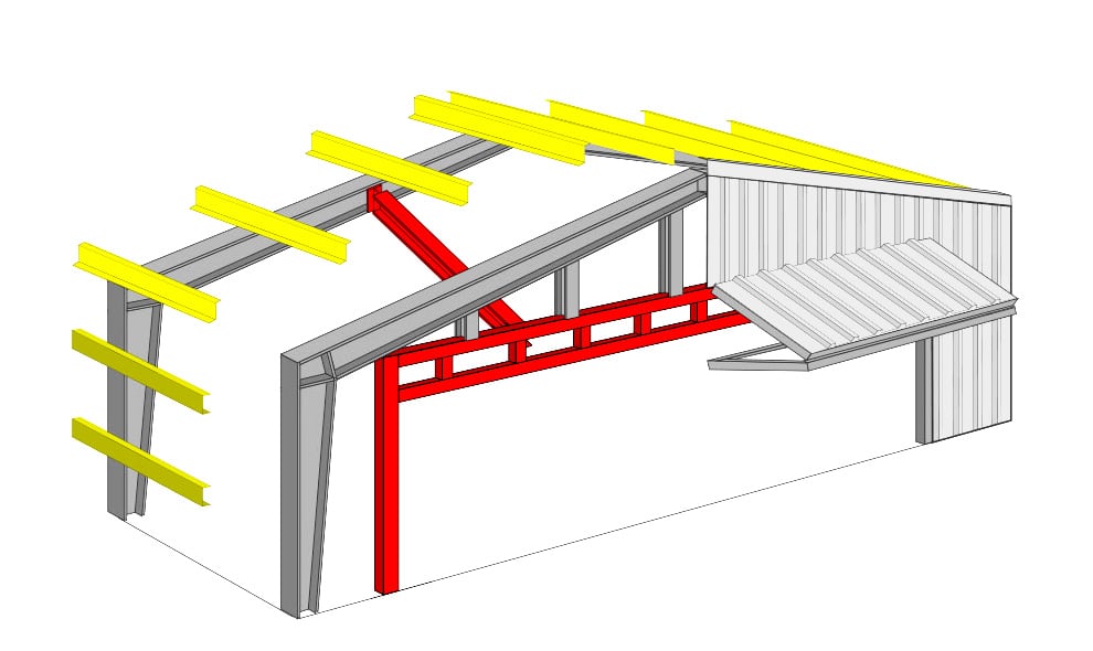Diagram showing Schweiss bifold door installed with an all in one self supporting free standing header
