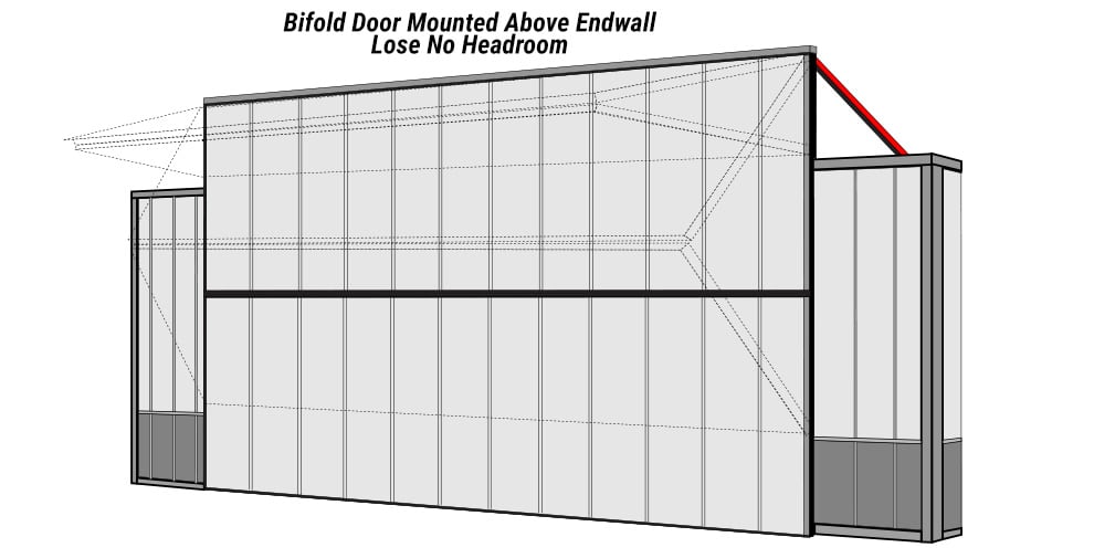 Diagram of Bifold door mounted above the endwall using Schweiss freestanding header