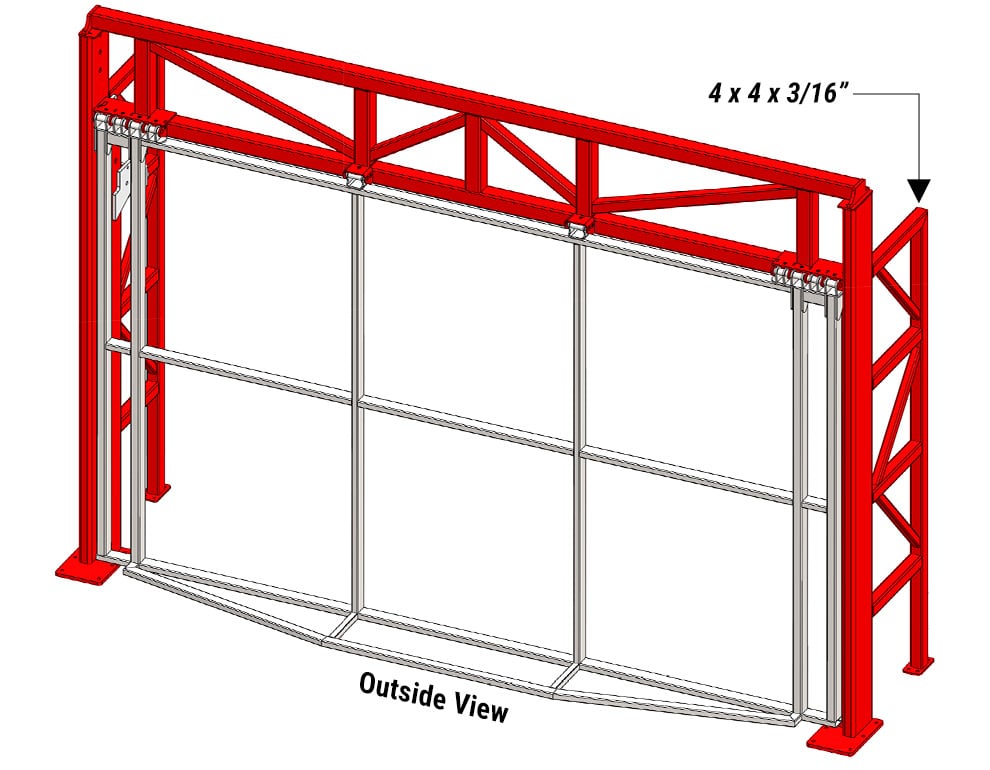 Diagram of Schweiss freestanding header with top truss above header tube and rear support bracing welded to side legs