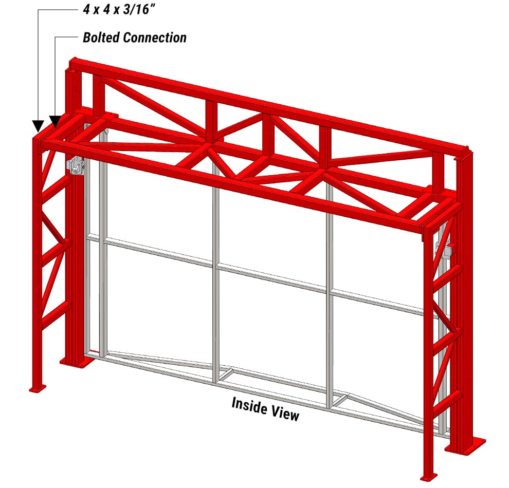Inside view diagram of Schweiss freestanding header with top truss above header tube and rear support bracing welded to side legs and the header tube