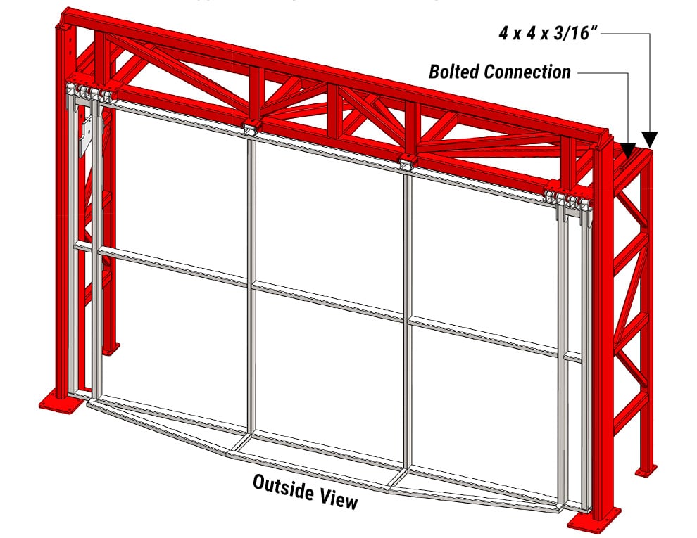 Outside view diagram of Schweiss freestanding header with top truss above header tube and rear support bracing welded to side legs and the header tube