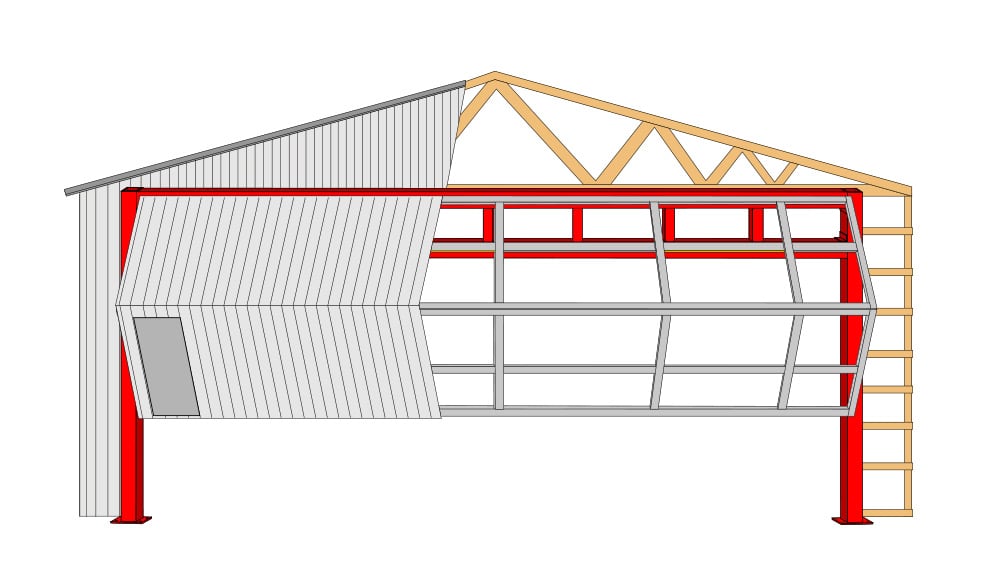 Diagram showing Schweiss bifold door installed with an all in one self supporting free standing header