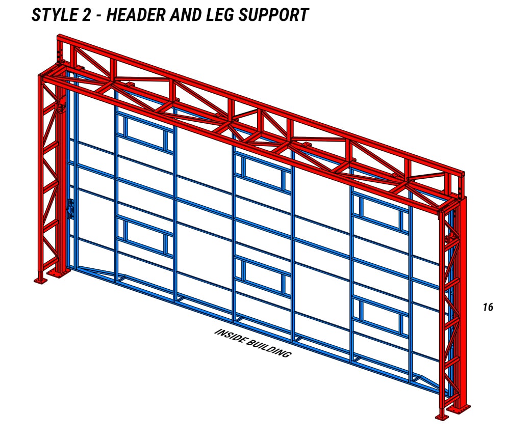 Hydraulic door with freestanding header and leg support