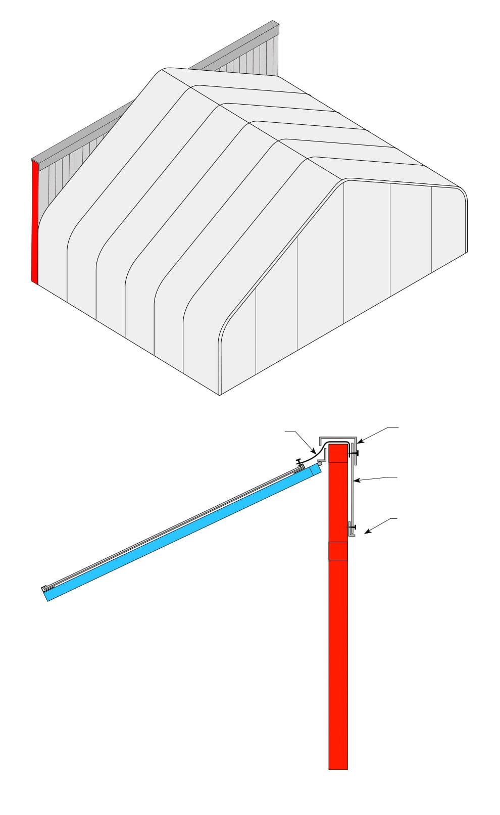 Diagram showing flash behind freestanding header of hydraulic door