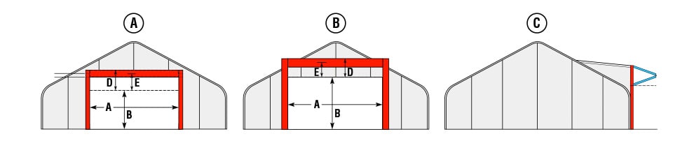 Diagram showing freestanding header styles on hoop buildings with side view