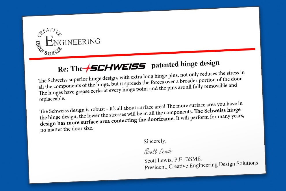 Letter from Creative Design Solutions discussing the superior Schweiss hinge design