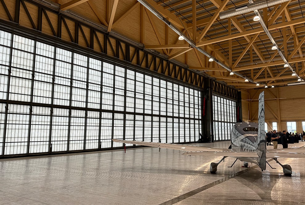 120ft Schweiss hydraulic designer door installed on a hangar shown closed