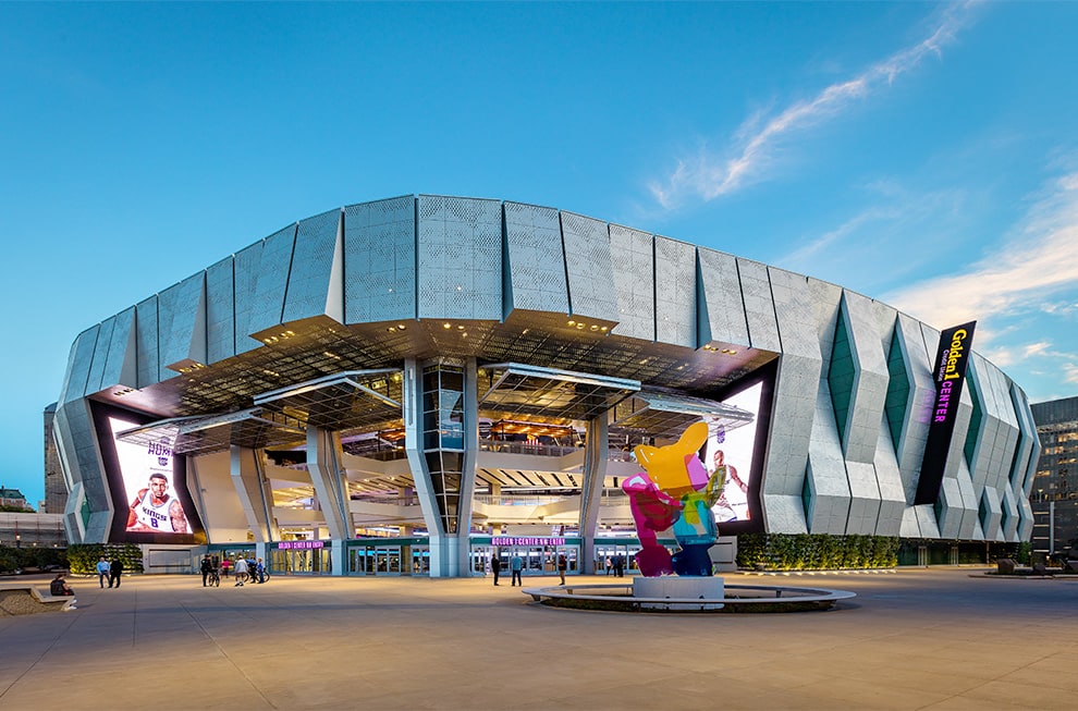 Wide angle view of Kings Stadium, where multiple Schweiss glass bifold designer doors are installed