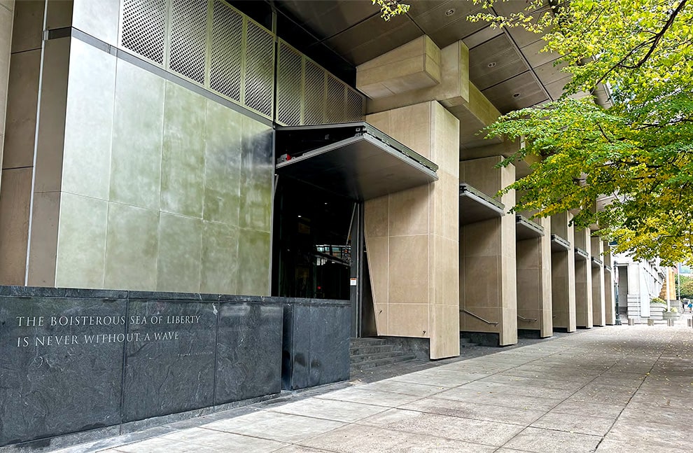 Multiple Schweiss bifold security doors installed on courthouse in Portland shown open