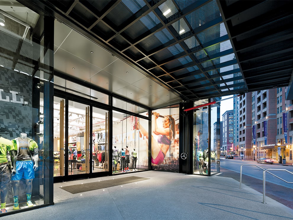 Schweiss hydraulic security door installed on Under Armour building shown open