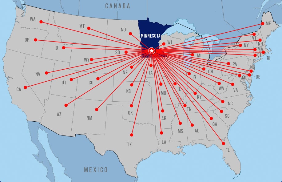 Map showing direct routes from Schweiss factory in Minnesota to places all over the country