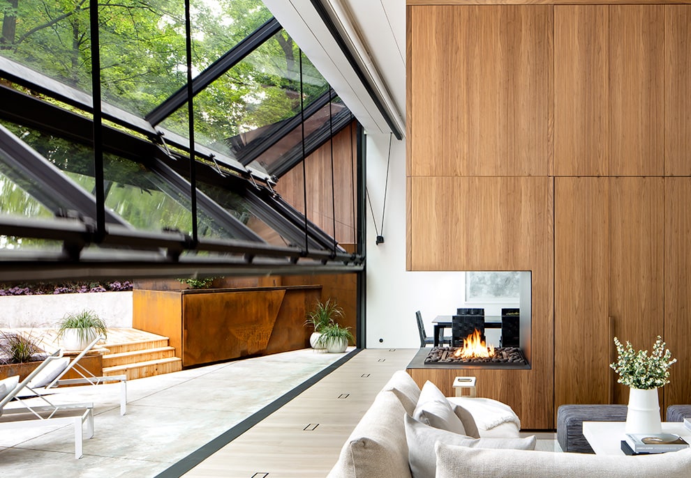 Schweiss bifold door fitted on luxury home in Florida as an opening wall shown opening