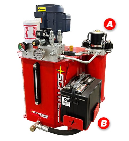 Schweiss 12v battery backup with labels A and B to show where the motor and battery are