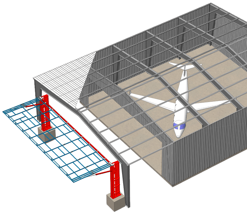 Illustration of jet parked inside hangar fitted with Schweiss hydraulic stand alone door