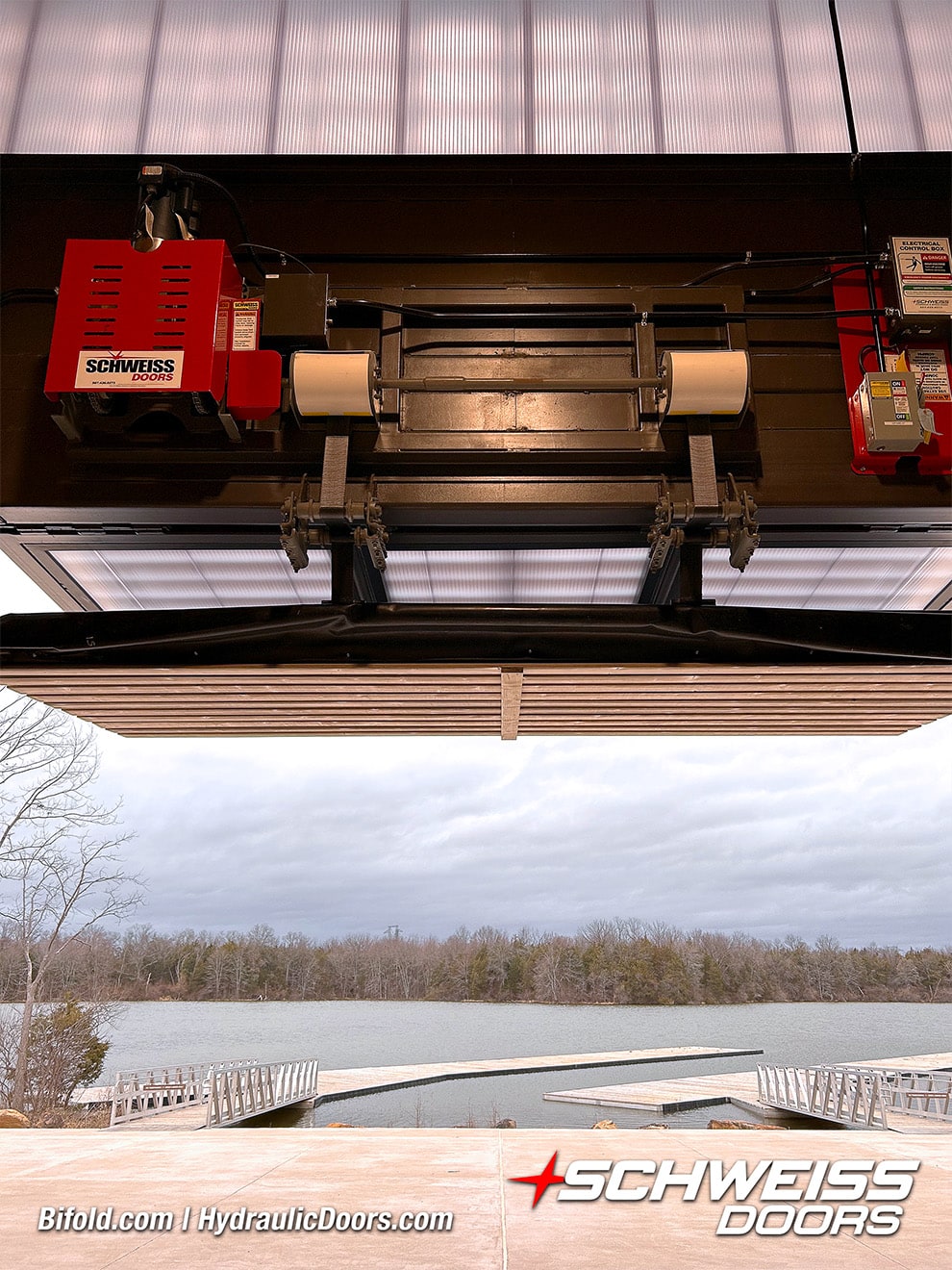 Interior closeup of one of the eight Schweiss bifold doors installed on Beaverdam Reservoir