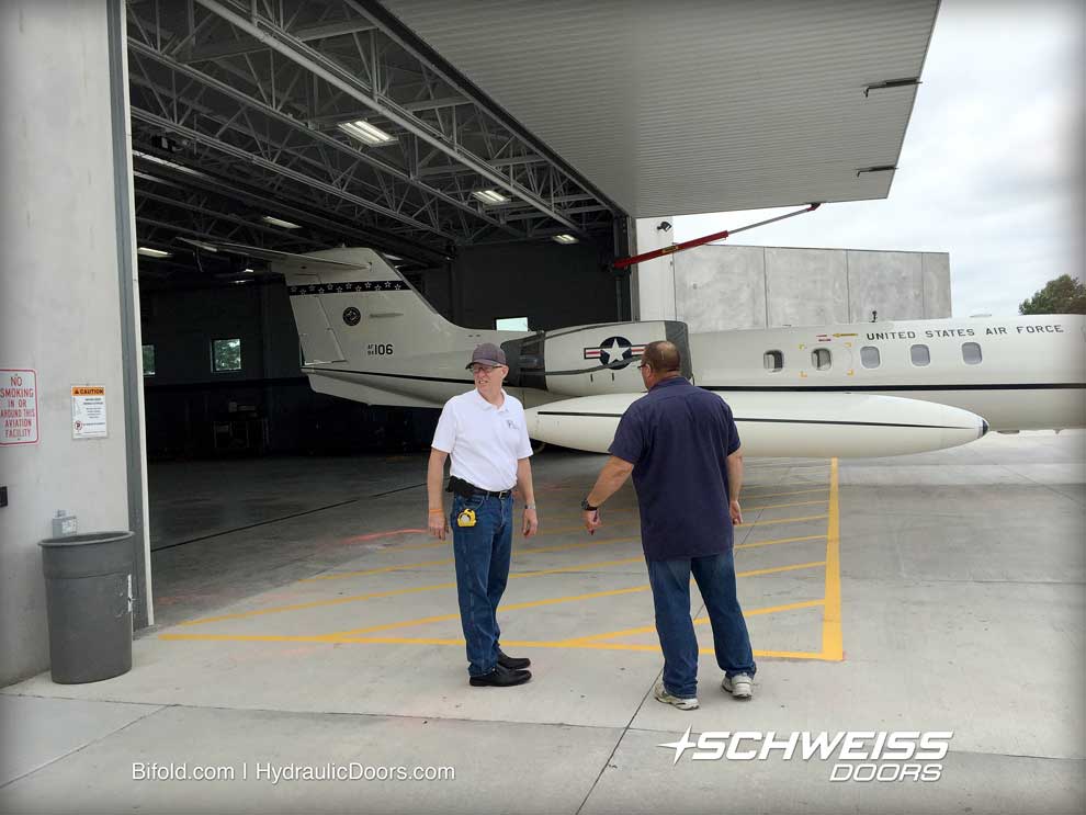Schweiss hydraulic hangar door opens wide