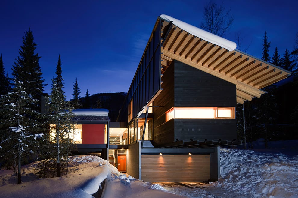 Beautiful night look at a home at the Kicking Horse Ski Resort