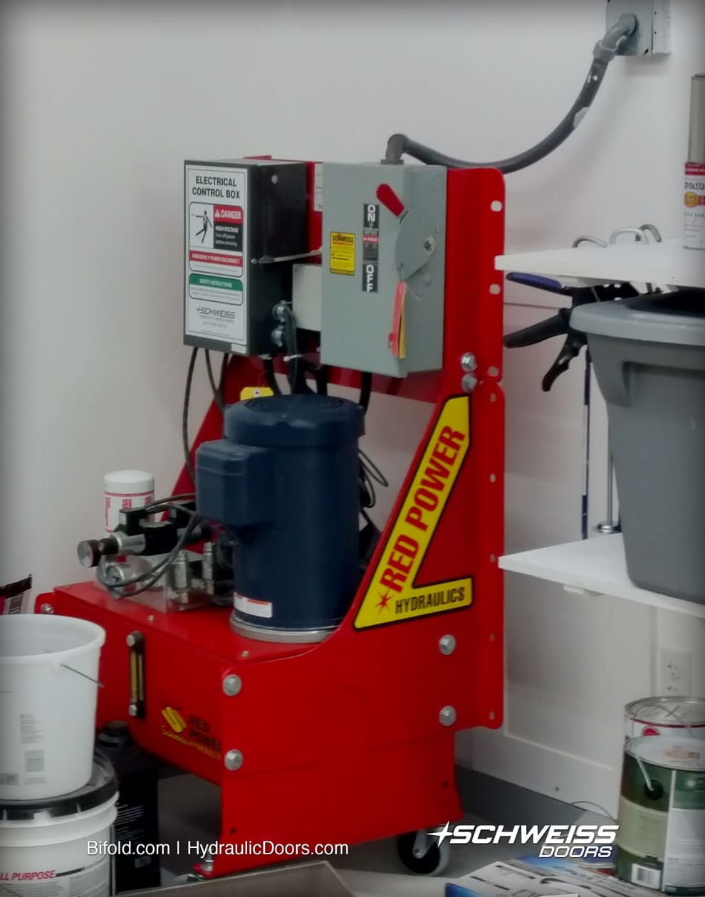 Schweiss Hydraulic Pump is in the top level of his garage/workshop.