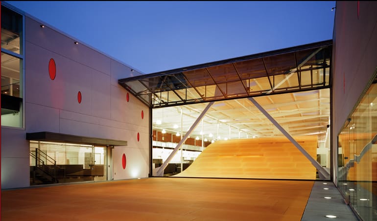 This Schweiss 40ft. Liftstrap Bifold glass door made the Red Bull Headquarters skateboard ramp a focal point of the California buliding.