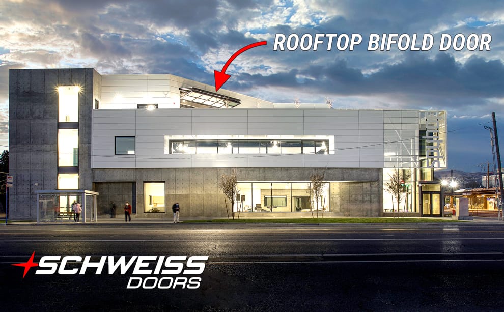Spy Hop Production's Rooftop performance area has an glass-clad Schweiss Door