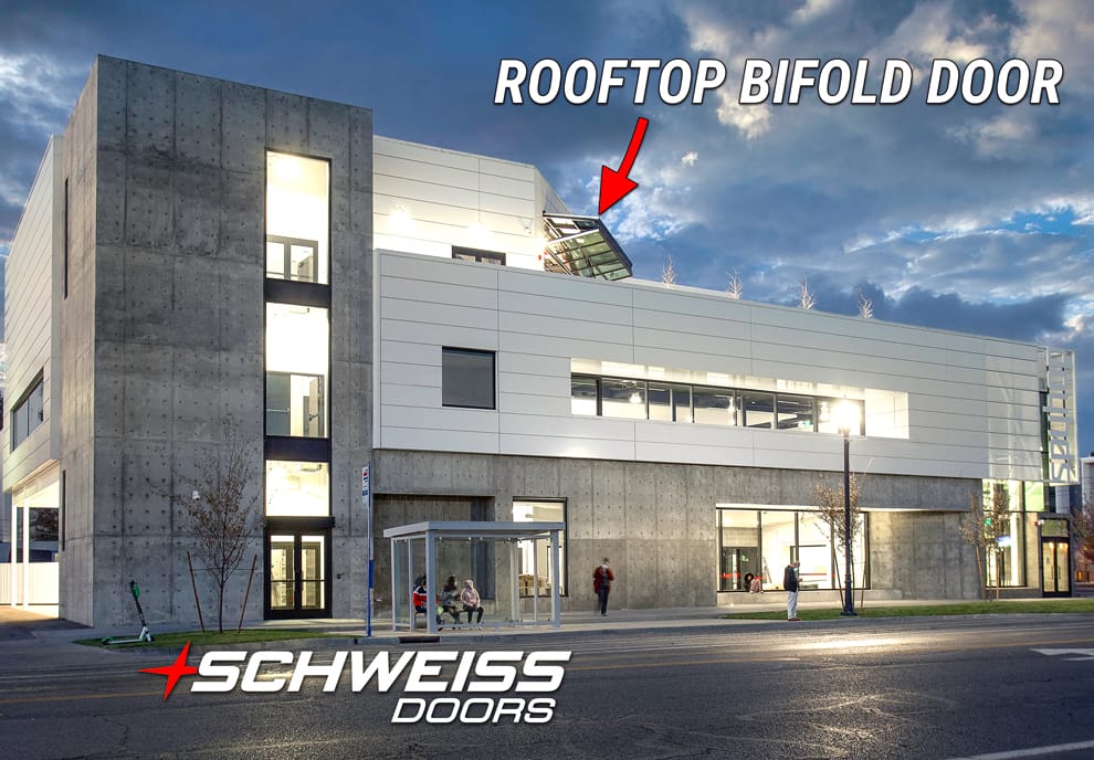 Schweiss glass designer door on Spy Hop's roof can be seen from street