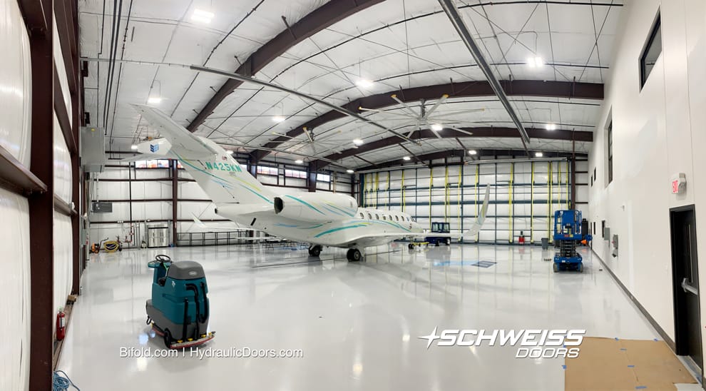 Interior view of SEI hangar at Morristown Regional Airport with Cessna Citation 10 Elite 750 parked inside