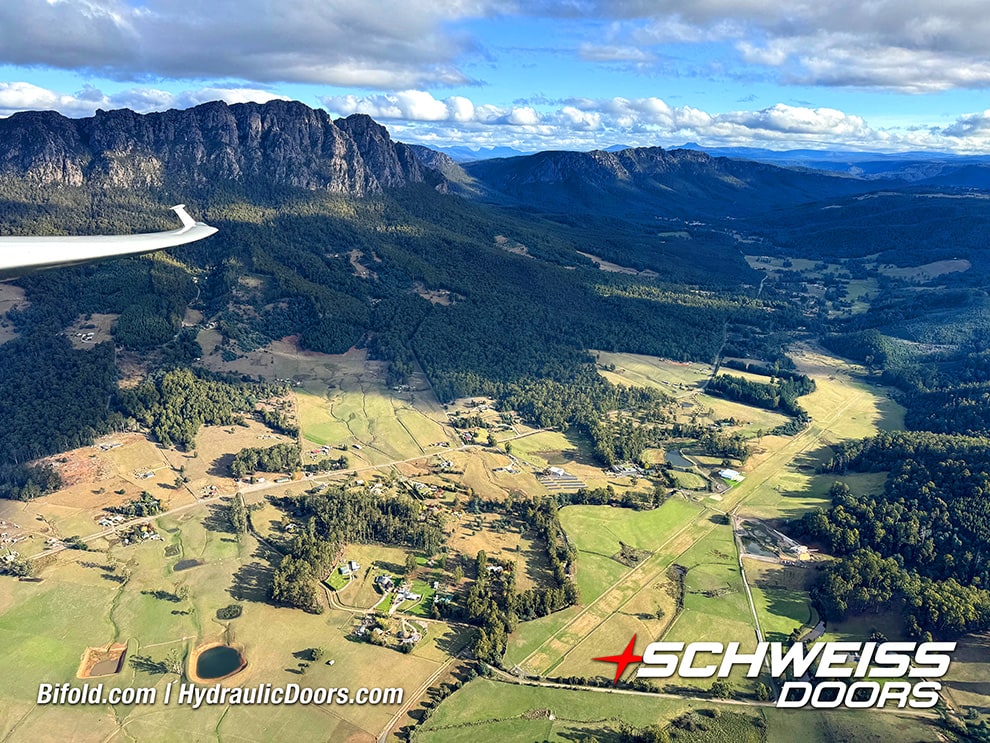 Overhead view taken of the Vale in Tasmania, where Simon Hackett's hangar with Schweiss hydraulic door and property are located