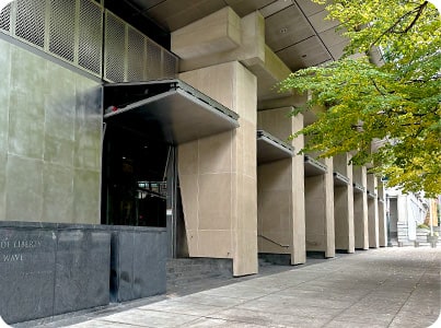 View from the left of repaired Hatfield Courthouse after upgrading their defenses with Schweiss Doors