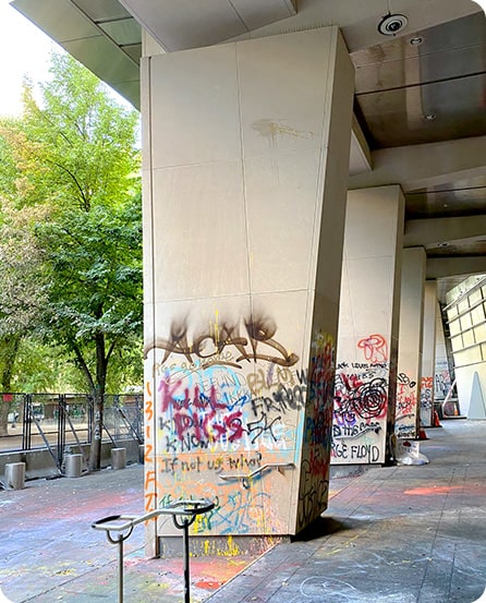Vandals left their mark on Hatfield Courthouse with graffiti prior to their upgraded defenses using Schweiss Doors