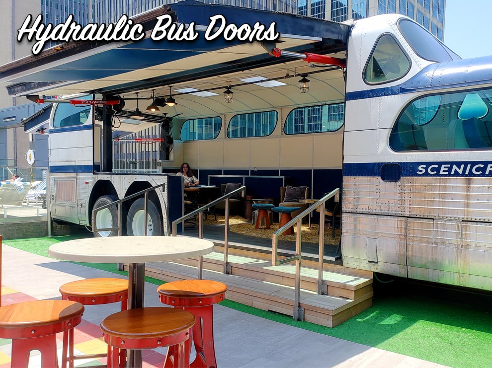 Schweiss Hydraulic Doors on Scenicruiser Bus for Rooftop Lounge in Nashville, Tennessee