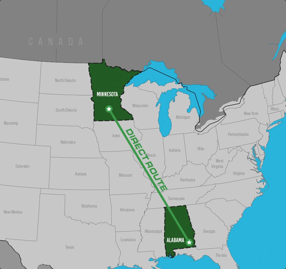 Map showing frequent route from Minnesota to Alabama